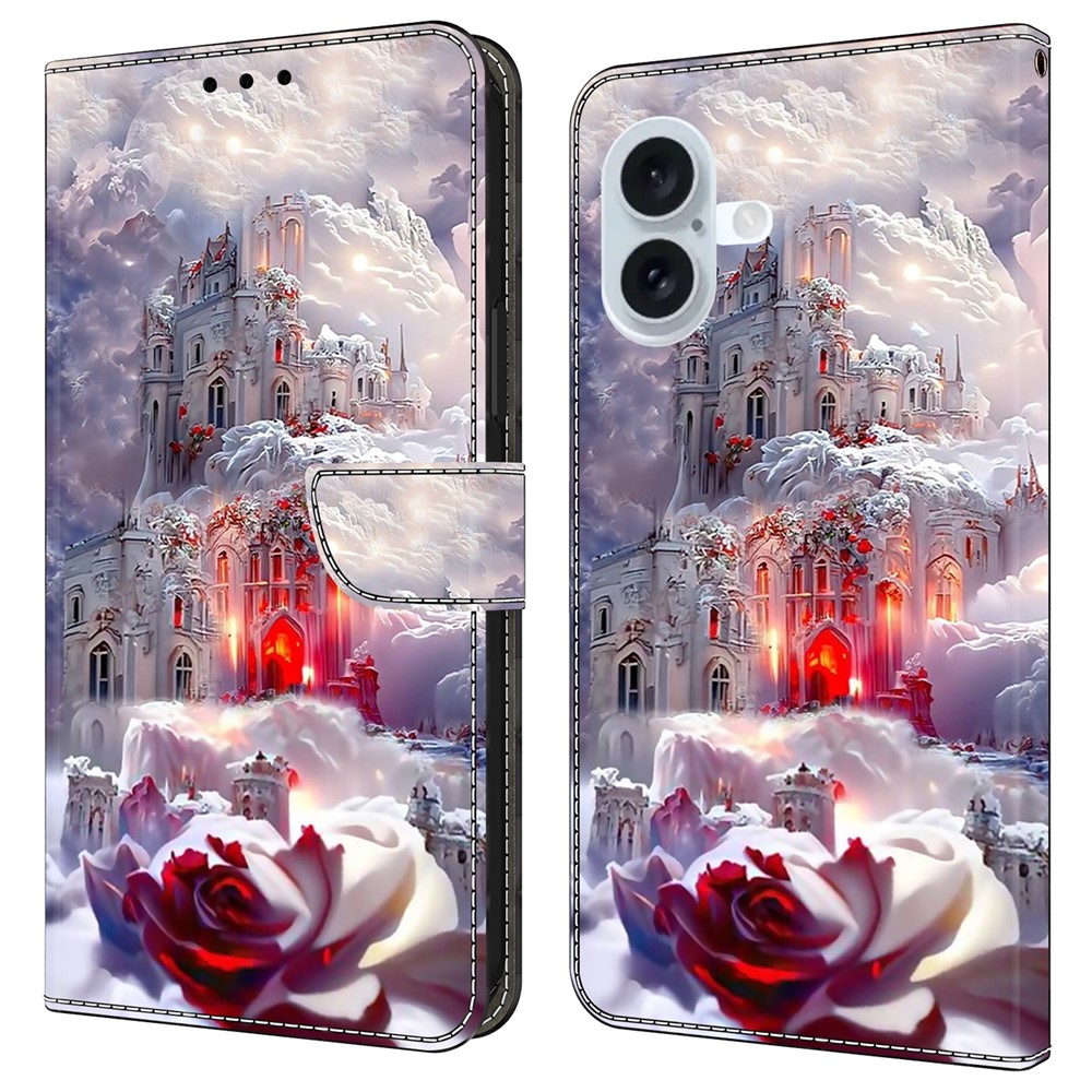 For iPhone 16 Plus Case Wallet Stand Pattern Printing PU Leather Flip Phone Cover - Castle