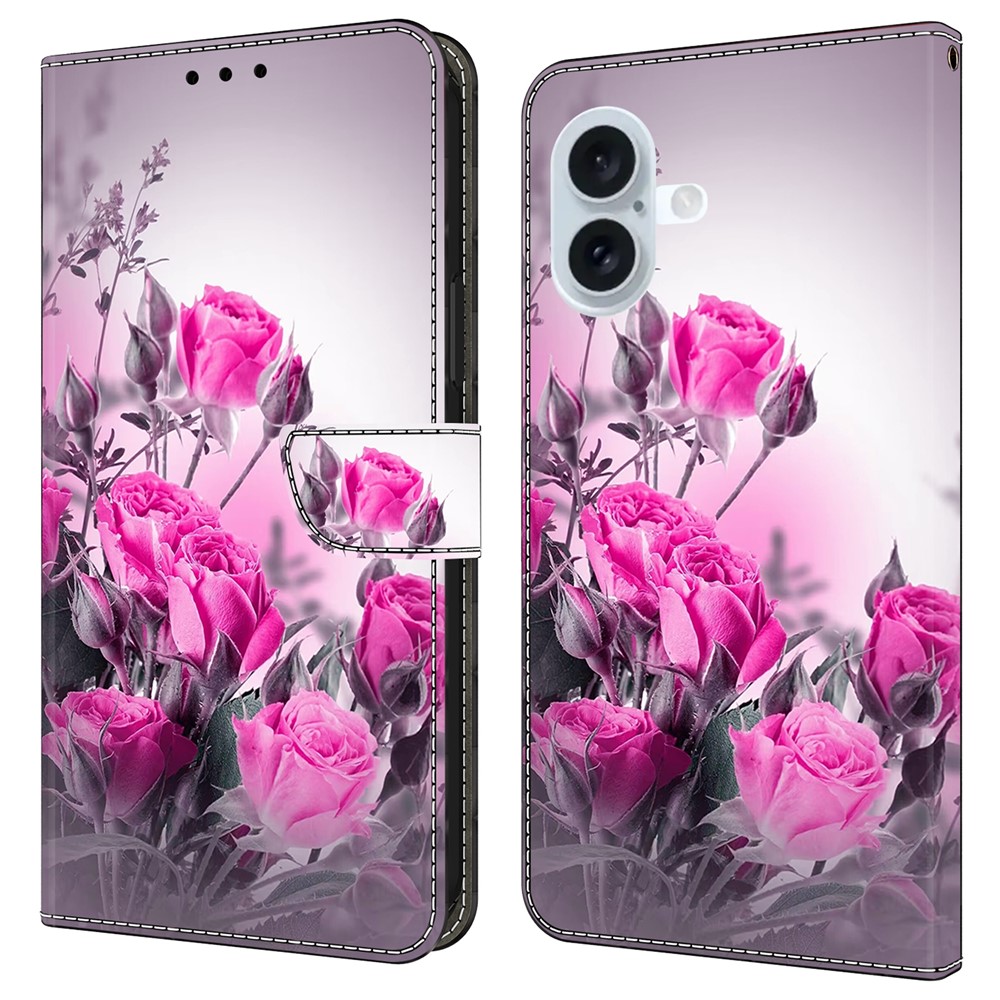 For iPhone 16 Plus Case Wallet Stand Pattern Printing PU Leather Flip Phone Cover - Purple Flowers