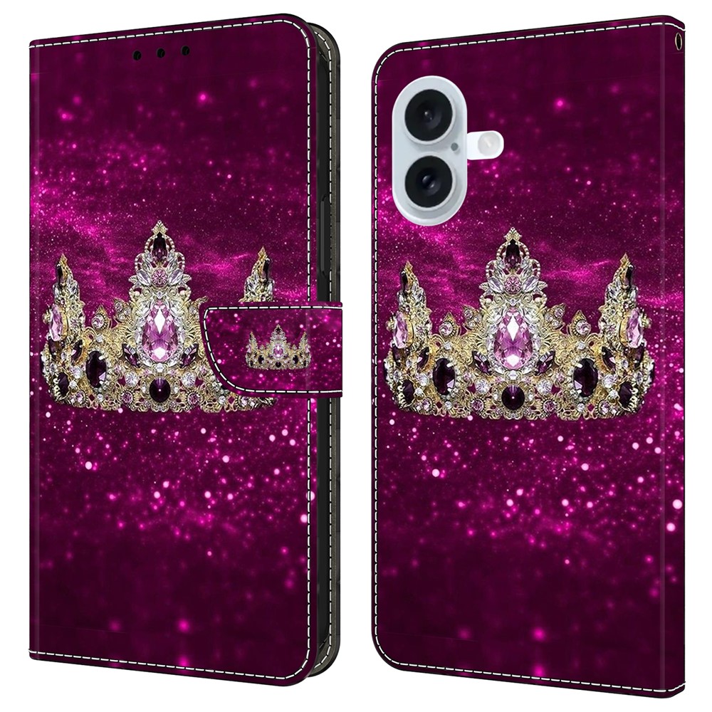 For iPhone 16 Plus Case Wallet Stand Pattern Printing PU Leather Flip Phone Cover - Purple Diamond Crown