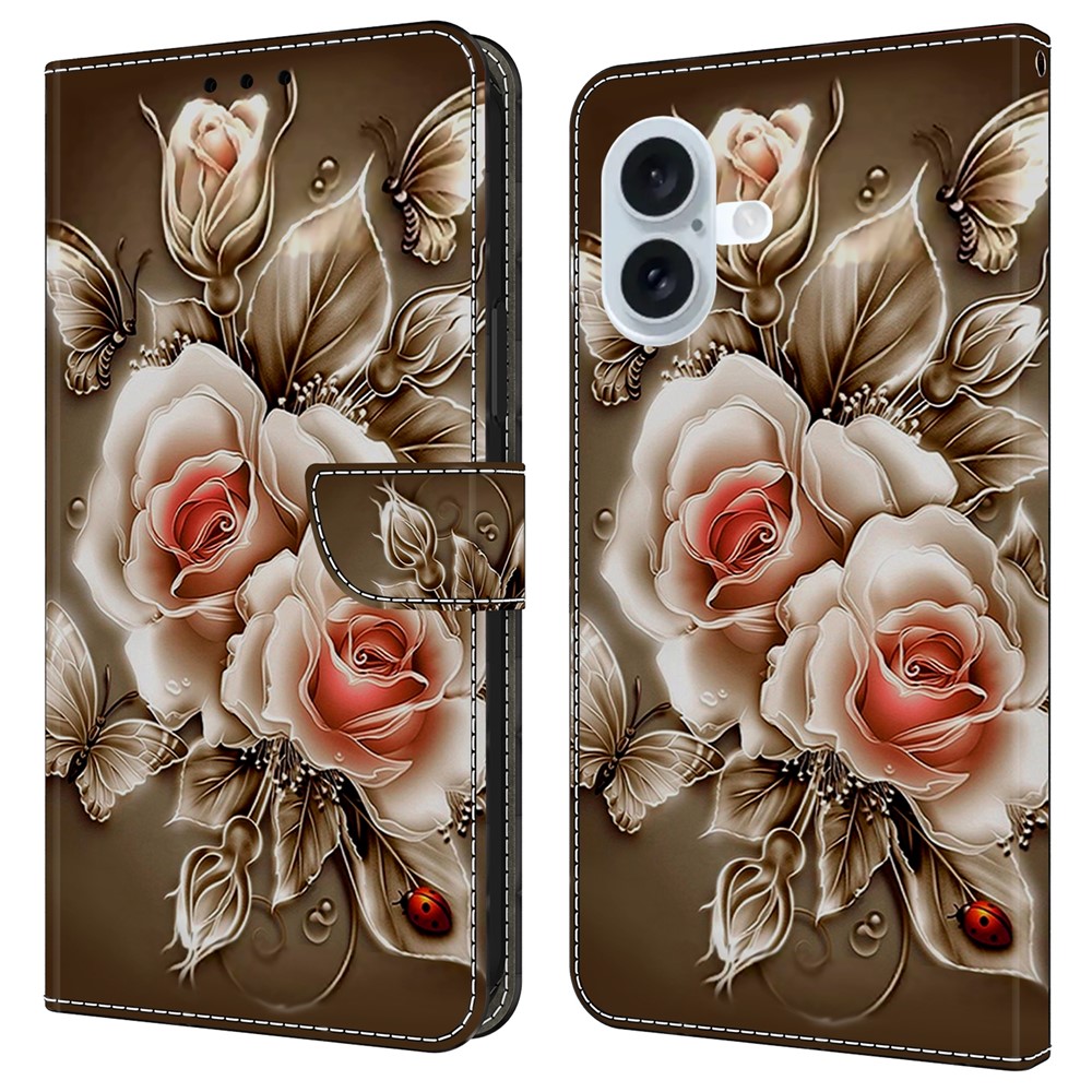 For iPhone 16 Plus Case Wallet Stand Pattern Printing PU Leather Flip Phone Cover - Brown Rose