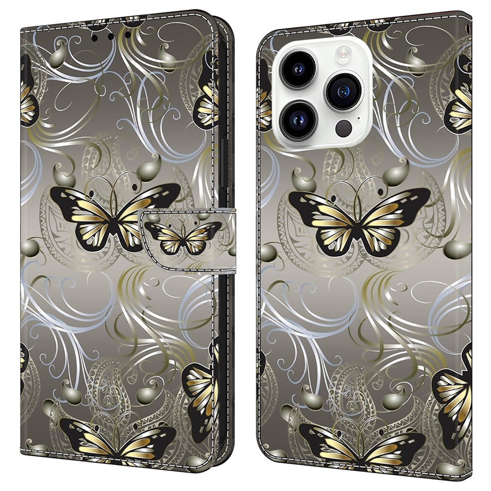 For iPhone 16 Pro Case Wallet Stand Pattern Printing PU Leather Flip Phone Cover - Lace Butterfly