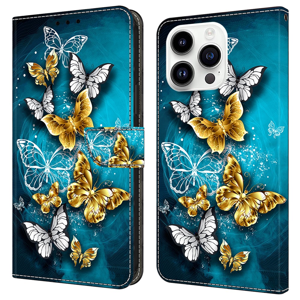 For iPhone 16 Pro Case Wallet Stand Pattern Printing PU Leather Flip Phone Cover - Gold Butterfly on Green