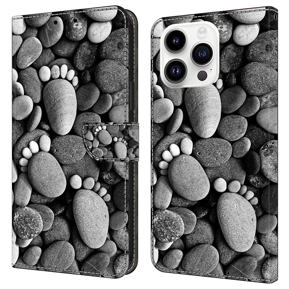 For iPhone 16 Pro Case Wallet Stand Pattern Printing PU Leather Flip Phone Cover - Stone Footprints