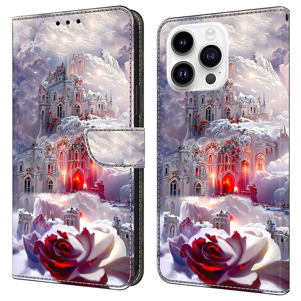 For iPhone 16 Pro Case Wallet Stand Pattern Printing PU Leather Flip Phone Cover - Castle