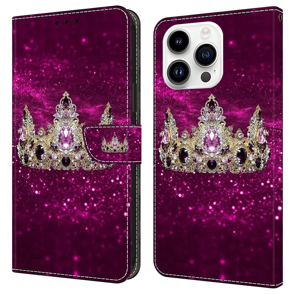 For iPhone 16 Pro Case Wallet Stand Pattern Printing PU Leather Flip Phone Cover - Purple Diamond Crown