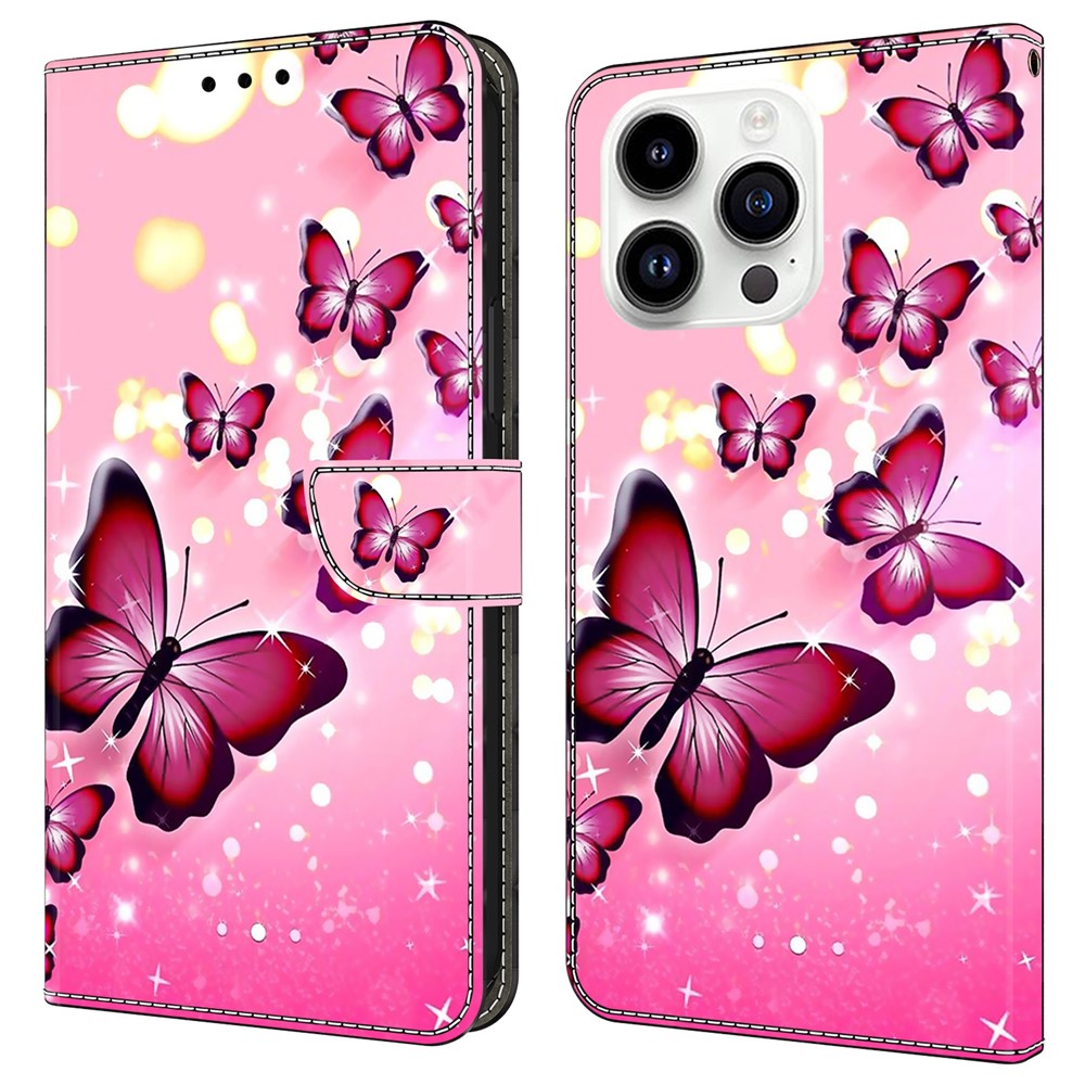 For iPhone 16 Pro Max Case Wallet Stand Pattern Printing PU Leather Flip Phone Cover - Pink Butterfly