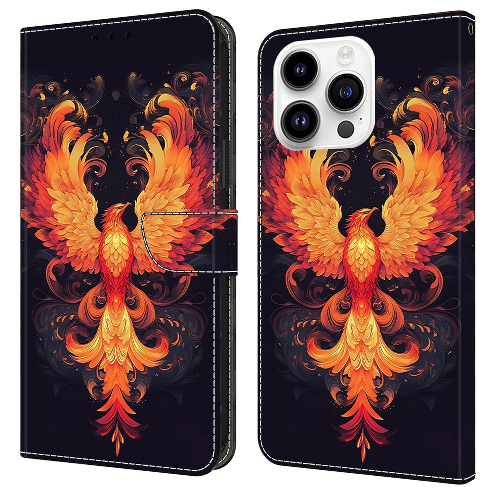 For iPhone 16 Pro Max Case Wallet Stand Pattern Printing PU Leather Flip Phone Cover - Flame Bird