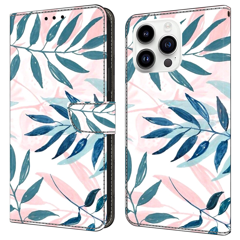 For iPhone 16 Pro Max Case Wallet Stand Pattern Printing PU Leather Flip Phone Cover - Watercolor Leaves