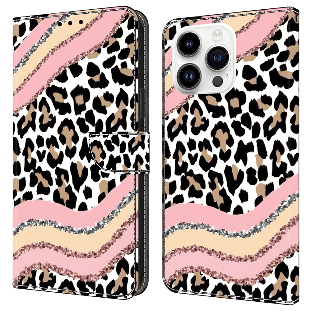 For iPhone 16 Pro Max Case Wallet Stand Pattern Printing PU Leather Flip Phone Cover - Striped Leopard