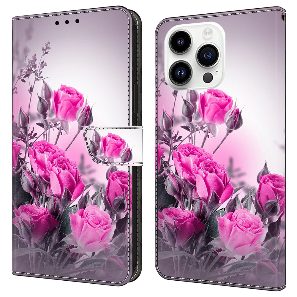 For iPhone 16 Pro Max Case Wallet Stand Pattern Printing PU Leather Flip Phone Cover - Purple Flowers