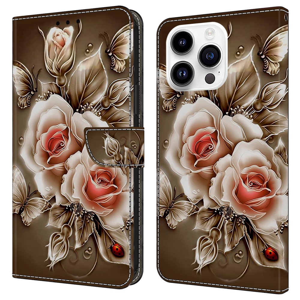 For iPhone 16 Pro Max Case Wallet Stand Pattern Printing PU Leather Flip Phone Cover - Brown Rose