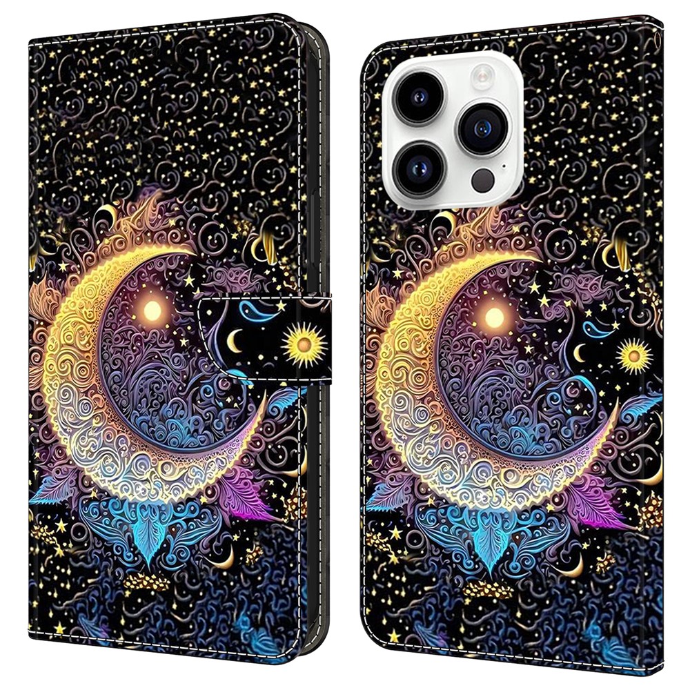 For iPhone 16 Pro Max Case Wallet Stand Pattern Printing PU Leather Flip Phone Cover - Bright Moon