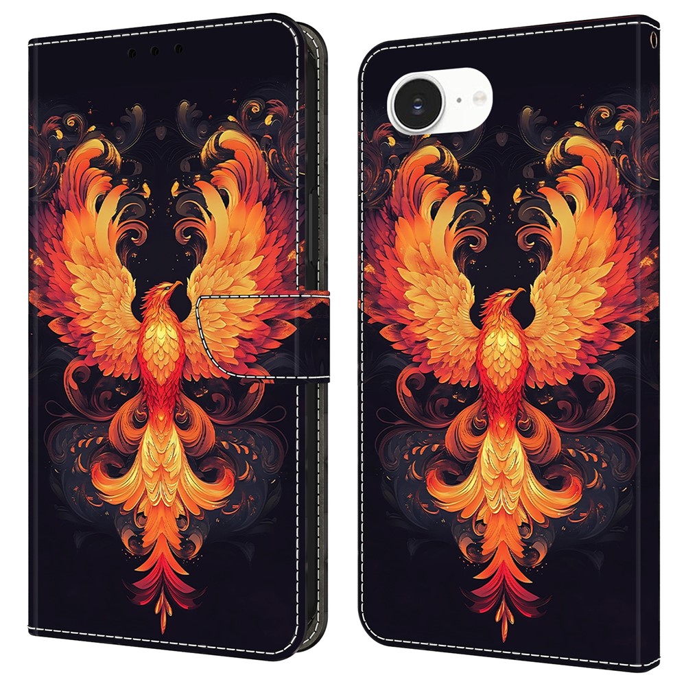 For iPhone 16e Case Wallet Stand Pattern Printing PU Leather Flip Phone Cover - Flame Bird