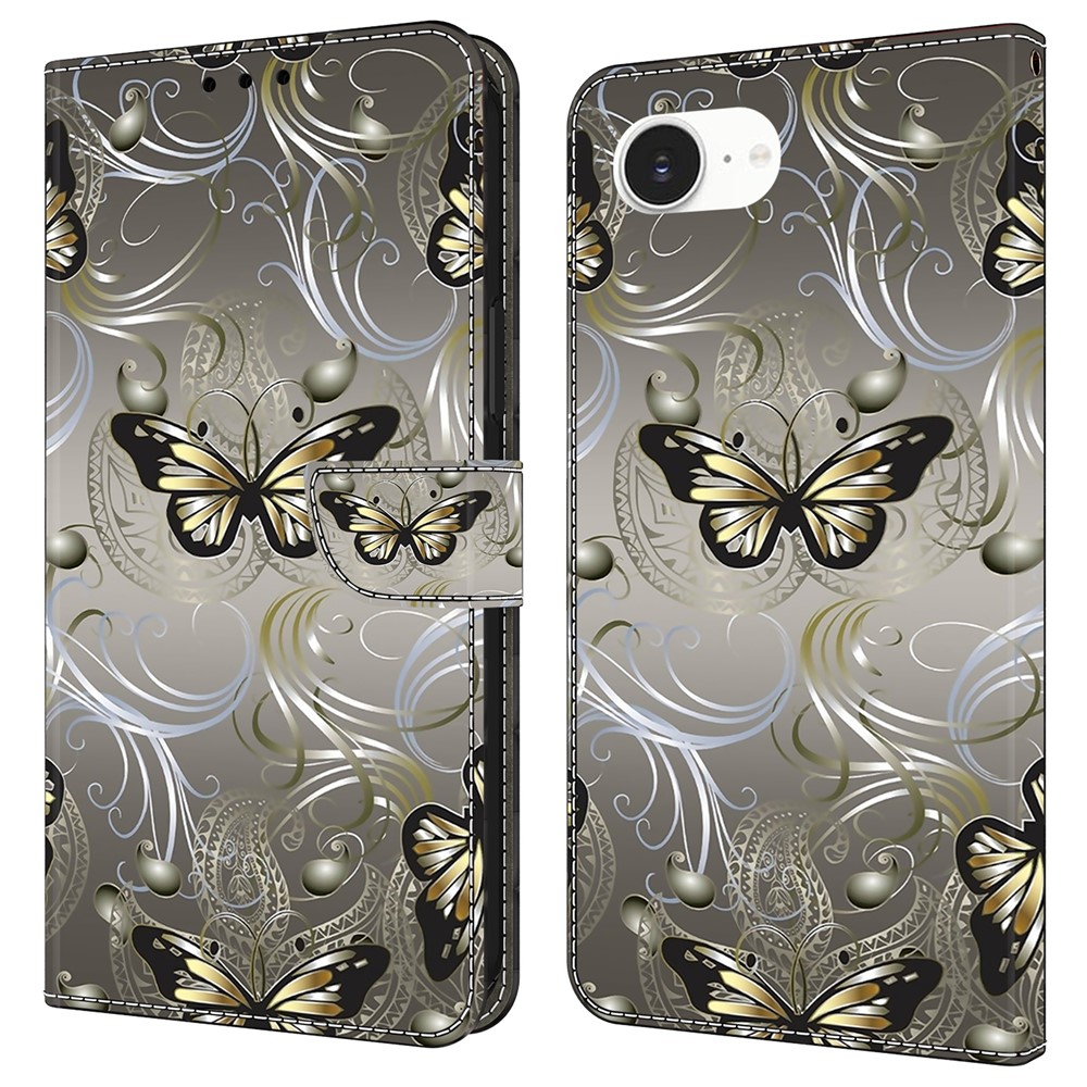 For iPhone 16e Case Wallet Stand Pattern Printing PU Leather Flip Phone Cover - Lace Butterfly