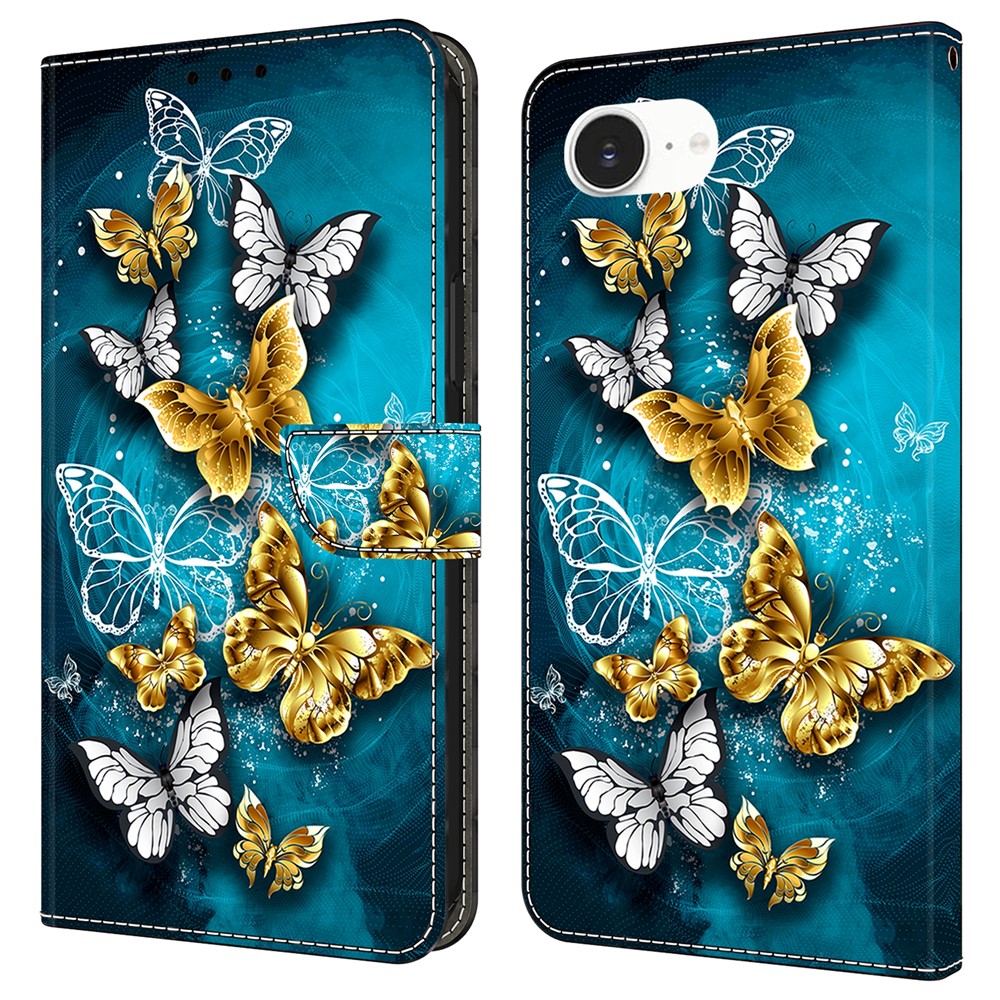 For iPhone 16e Case Wallet Stand Pattern Printing PU Leather Flip Phone Cover - Gold Butterfly on Green