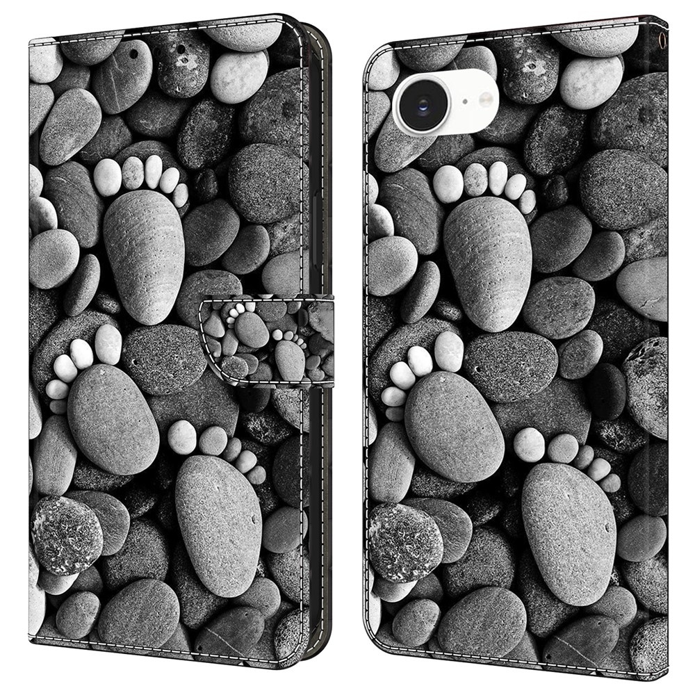 For iPhone 16e Case Wallet Stand Pattern Printing PU Leather Flip Phone Cover - Stone Footprints