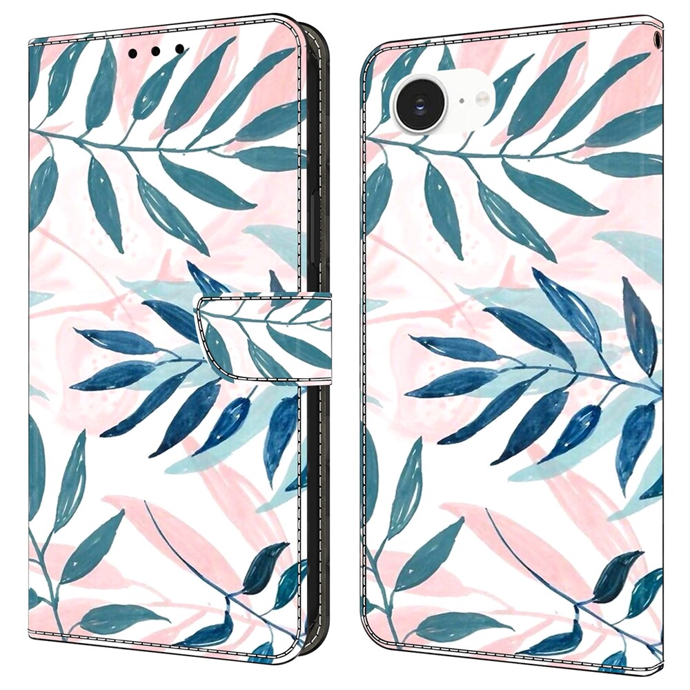 For iPhone 16e Case Wallet Stand Pattern Printing PU Leather Flip Phone Cover - Watercolor Leaves