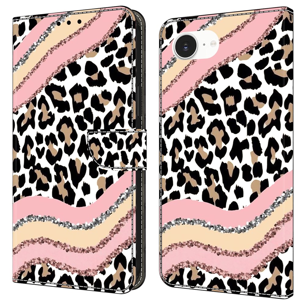 For iPhone 16e Case Wallet Stand Pattern Printing PU Leather Flip Phone Cover - Striped Leopard