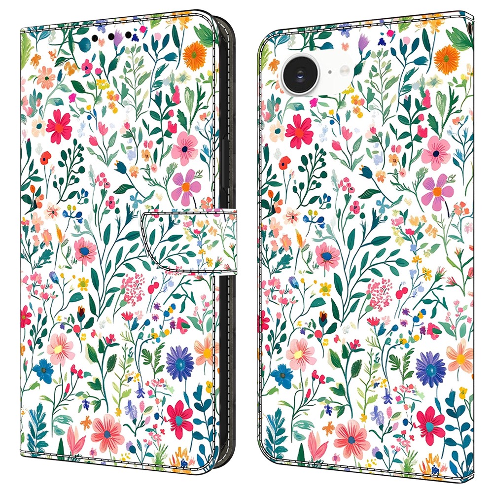For iPhone 16e Case Wallet Stand Pattern Printing PU Leather Flip Phone Cover - Small Flowerbed