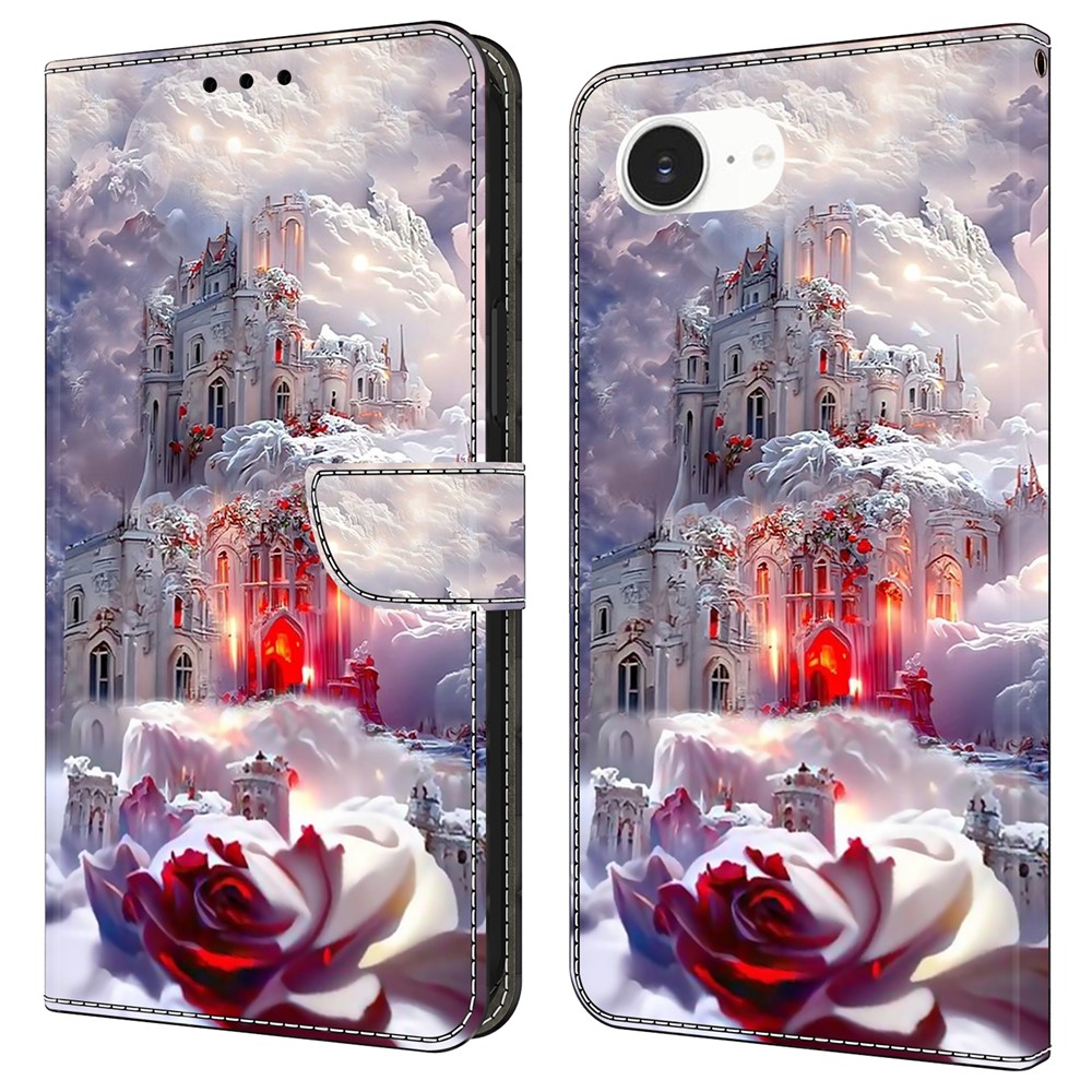 For iPhone 16e Case Wallet Stand Pattern Printing PU Leather Flip Phone Cover - Castle