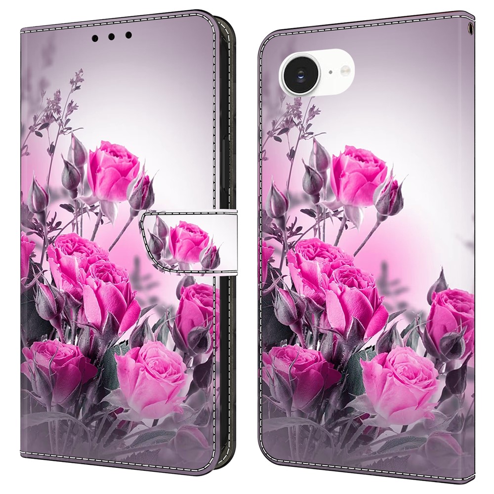 For iPhone 16e Case Wallet Stand Pattern Printing PU Leather Flip Phone Cover - Purple Flowers