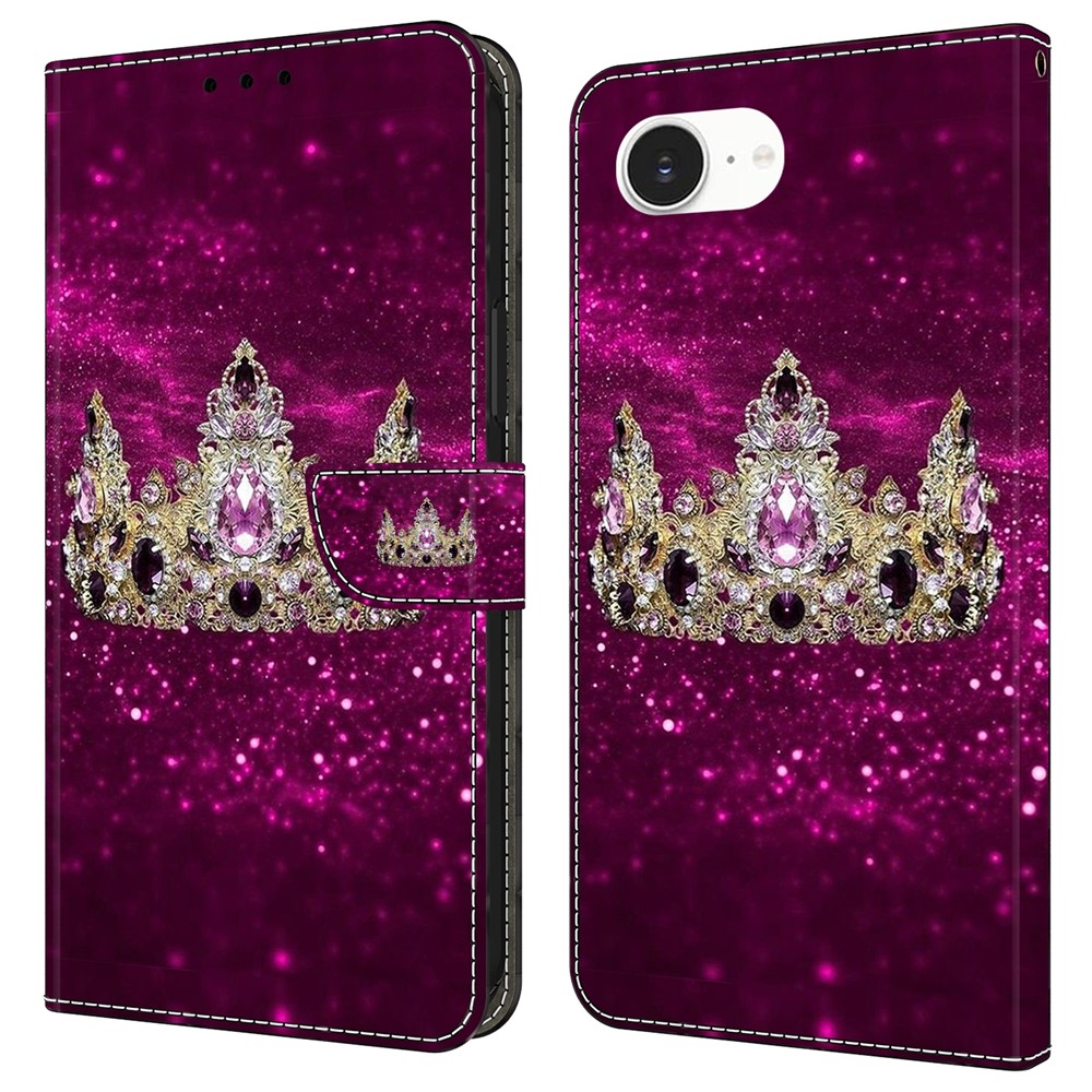 For iPhone 16e Case Wallet Stand Pattern Printing PU Leather Flip Phone Cover - Purple Diamond Crown