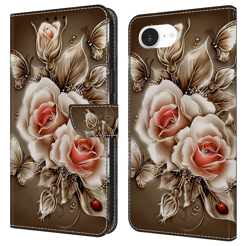 For iPhone 16e Case Wallet Stand Pattern Printing PU Leather Flip Phone Cover - Brown Rose