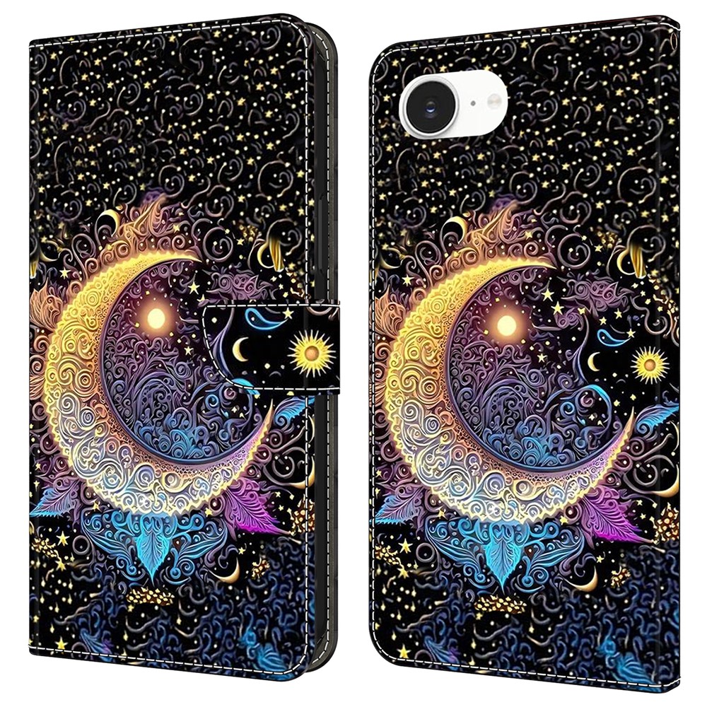 For iPhone 16e Case Wallet Stand Pattern Printing PU Leather Flip Phone Cover - Bright Moon