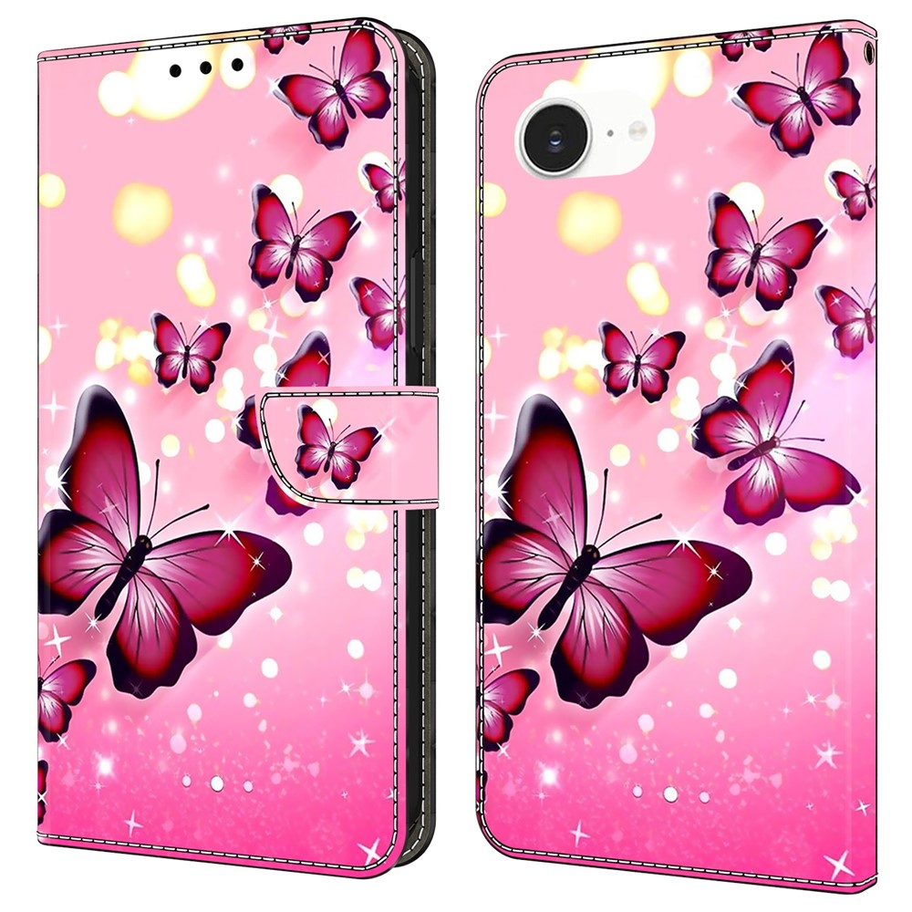 For iPhone 16e Case Wallet Stand Pattern Printing PU Leather Flip Phone Cover - Pink Butterfly
