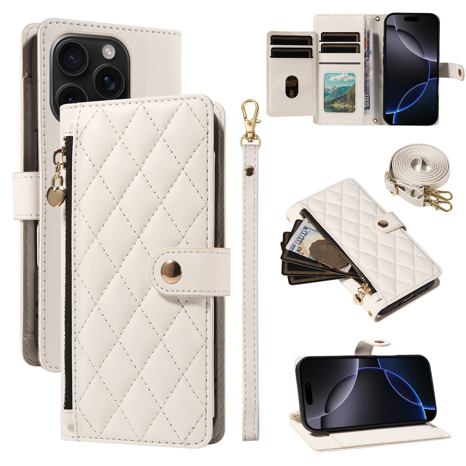For iPhone 16 Pro Wallet Case with Straps, Rhombus Leather Stand Phone Cover - White