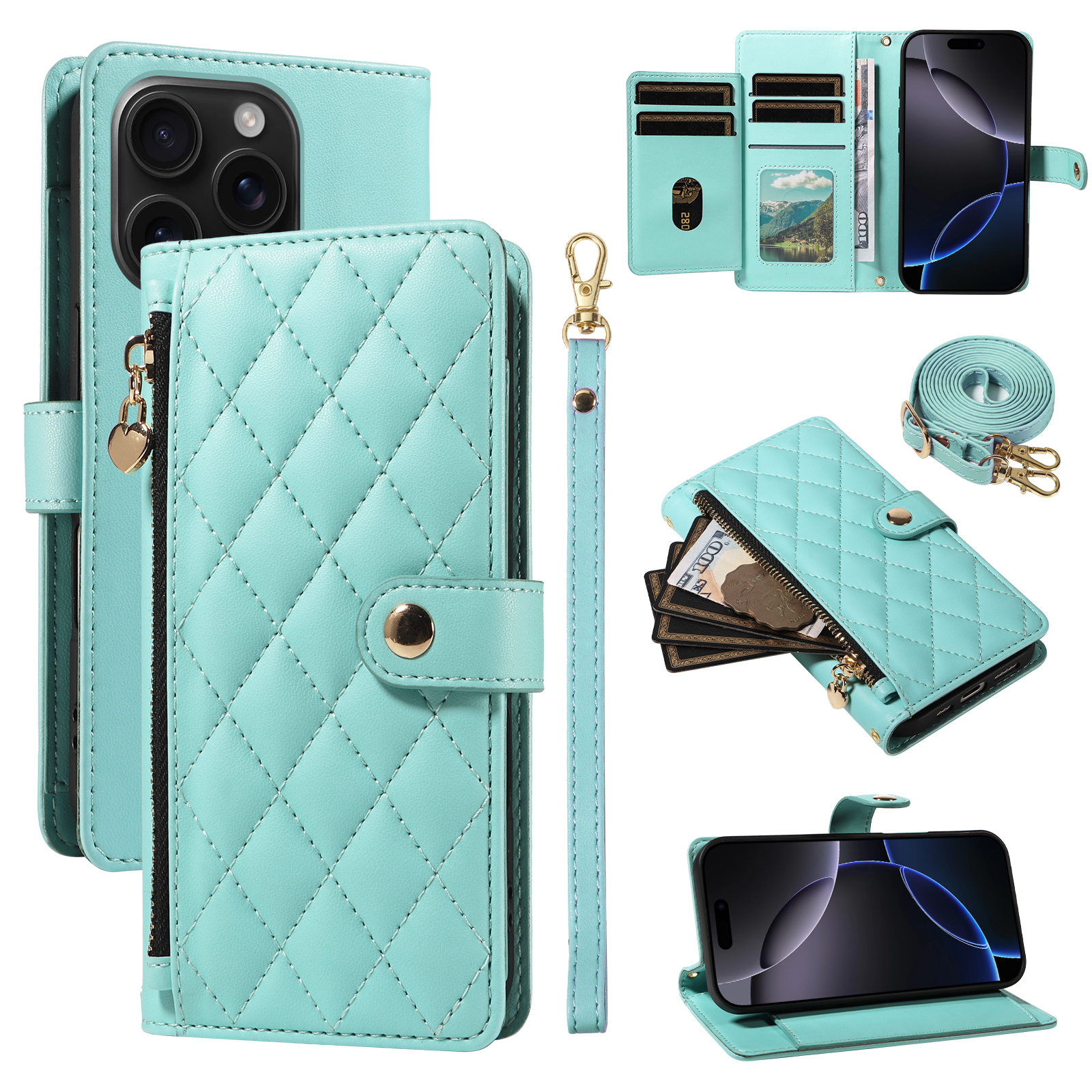 For iPhone 16 Pro Wallet Case with Straps, Rhombus Leather Stand Phone Cover - Light Green