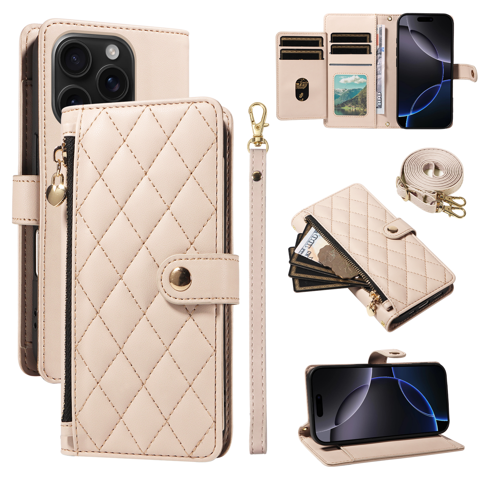 For iPhone 16 Pro Wallet Case with Straps, Rhombus Leather Stand Phone Cover - Beige