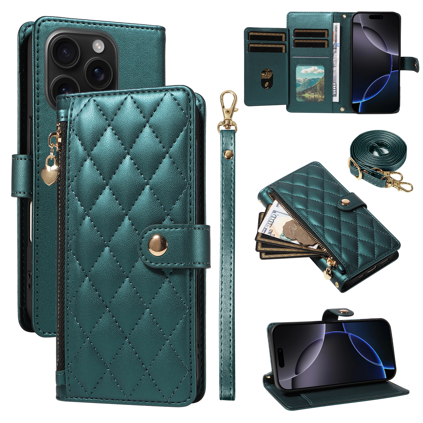 For iPhone 16 Pro Wallet Case with Straps, Rhombus Leather Stand Phone Cover - Blackish Green