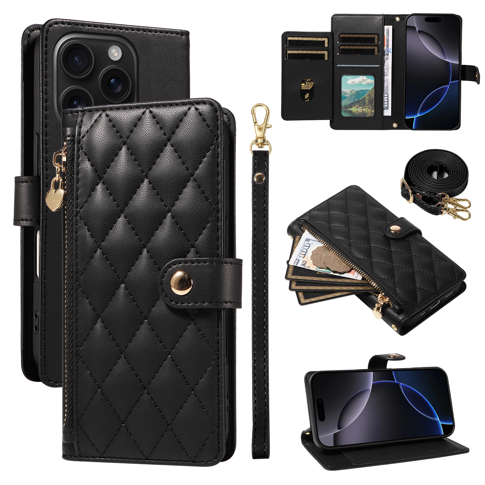 For iPhone 16 Pro Wallet Case with Straps, Rhombus Leather Stand Phone Cover -   Black