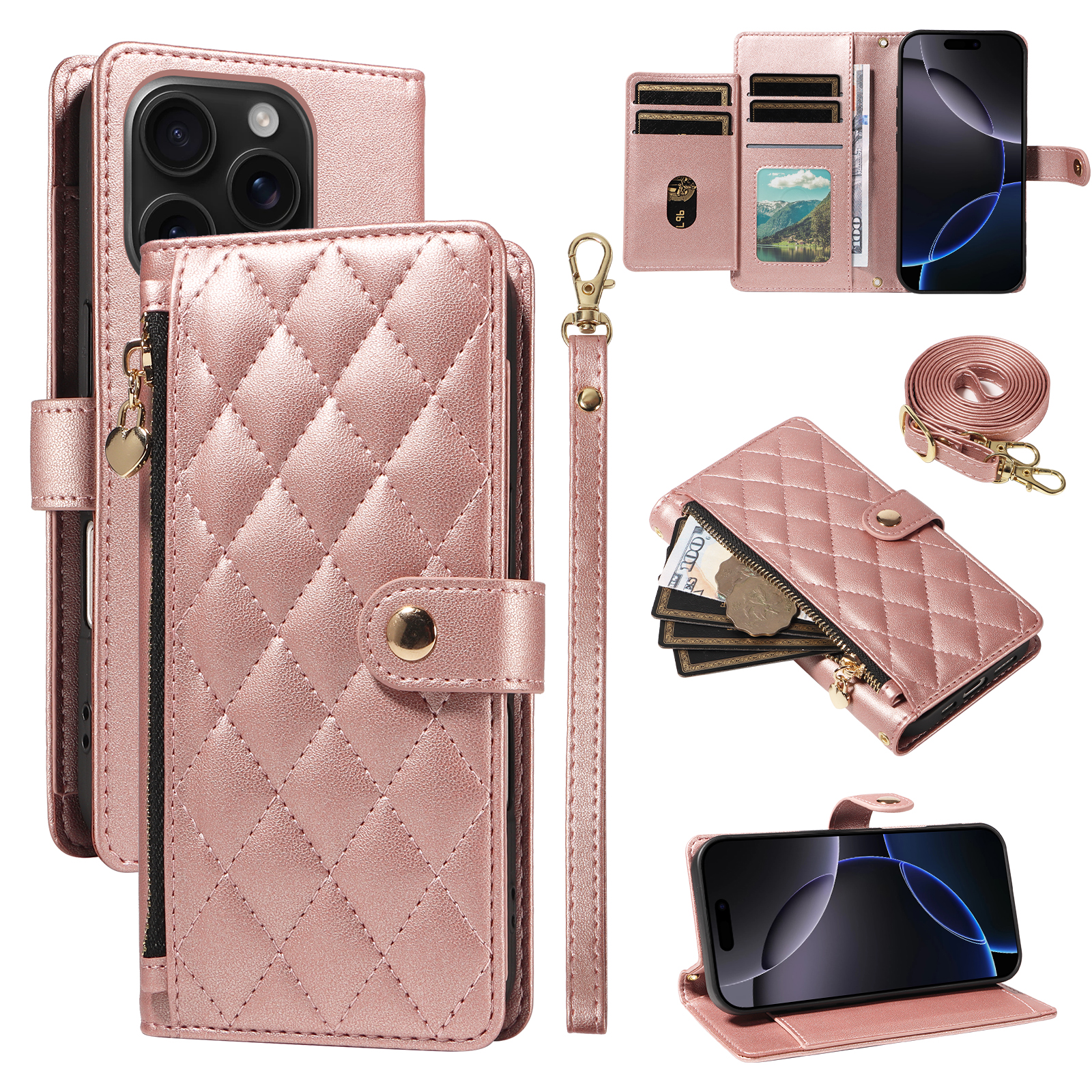For iPhone 16 Pro Wallet Case with Straps, Rhombus Leather Stand Phone Cover -  Rose Gold