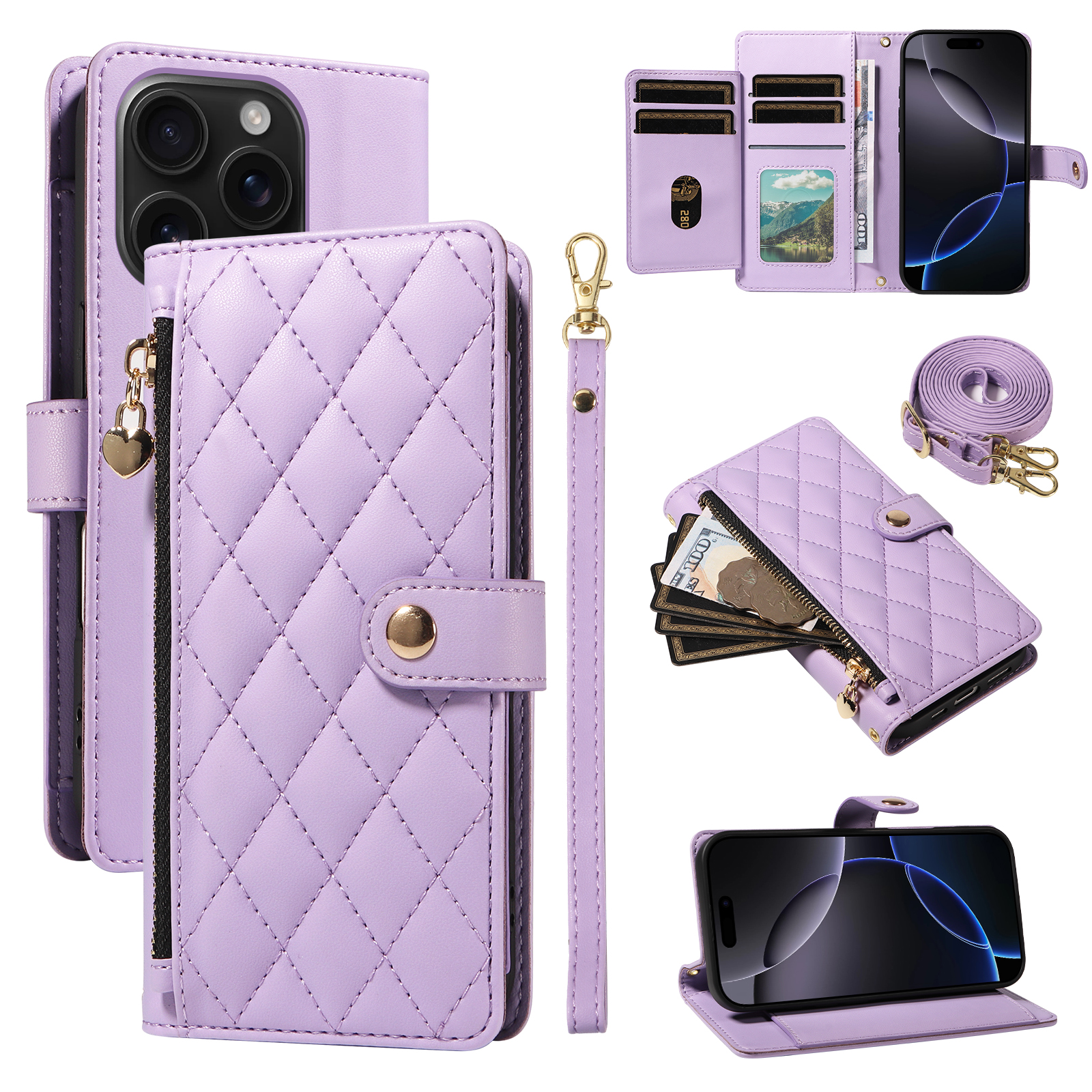 For iPhone 16 Pro Wallet Case with Straps, Rhombus Leather Stand Phone Cover - Purple