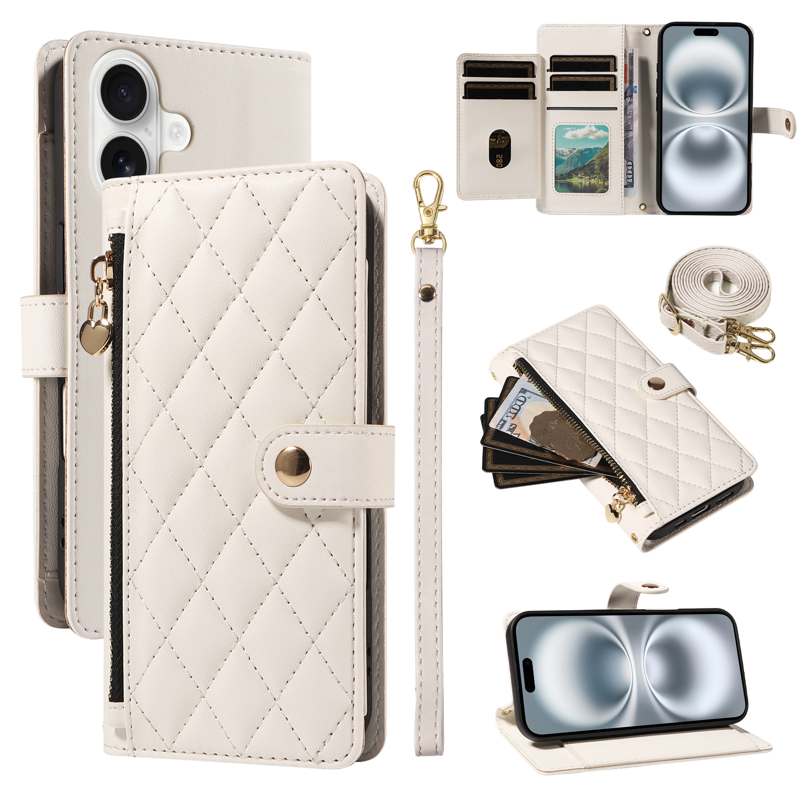 For iPhone 16 Wallet Case with Straps, Rhombus Leather Stand Phone Cover - White