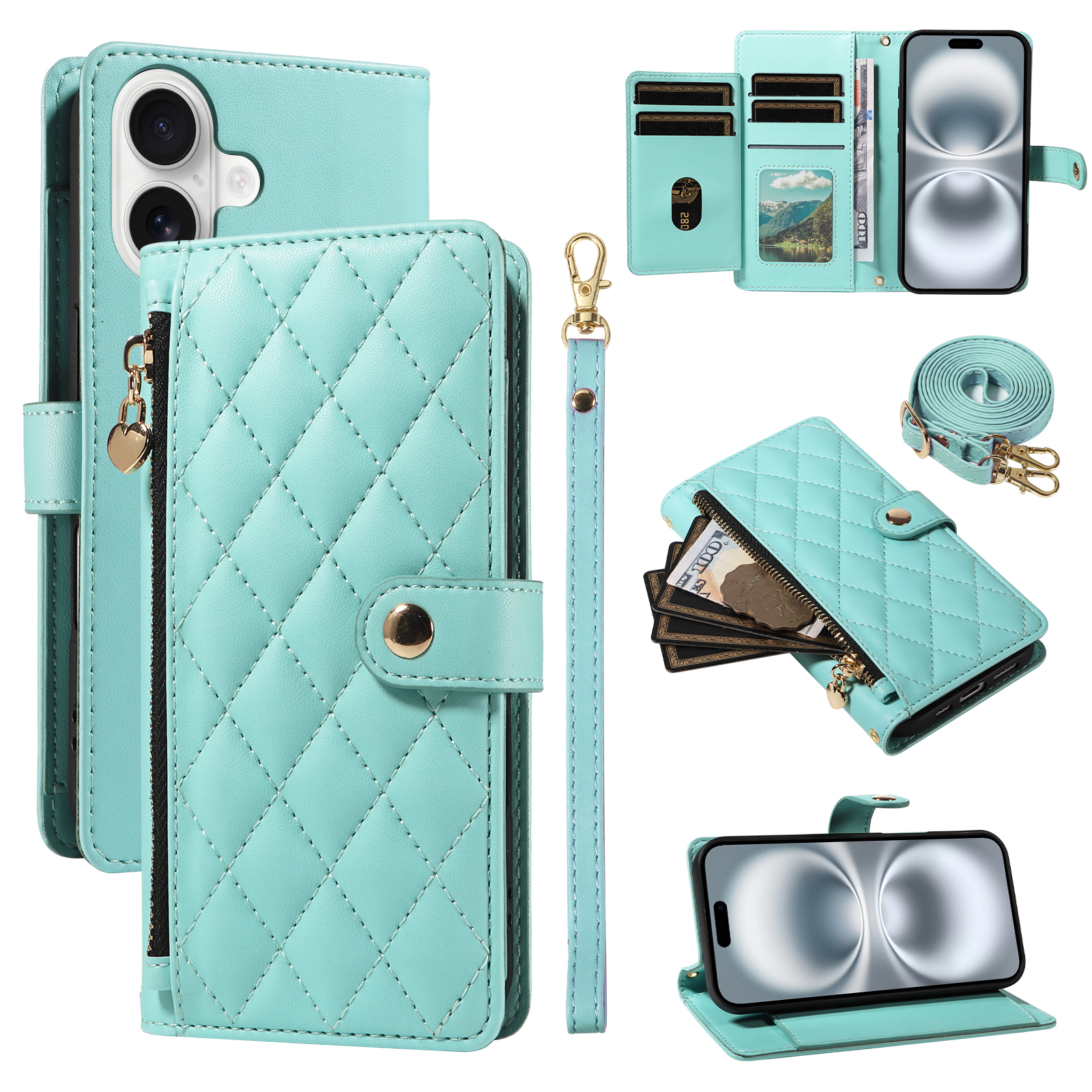 For iPhone 16 Wallet Case with Straps, Rhombus Leather Stand Phone Cover - Light Green