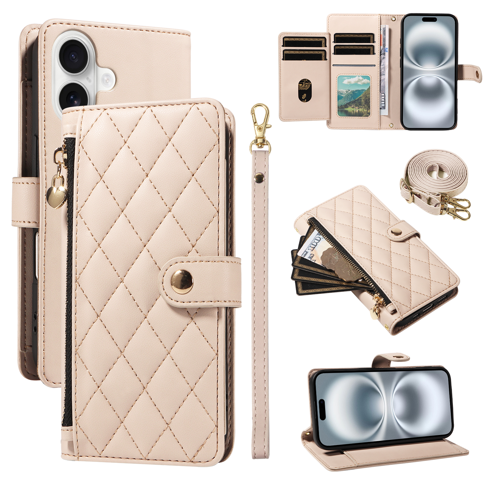 For iPhone 16 Wallet Case with Straps, Rhombus Leather Stand Phone Cover - Beige