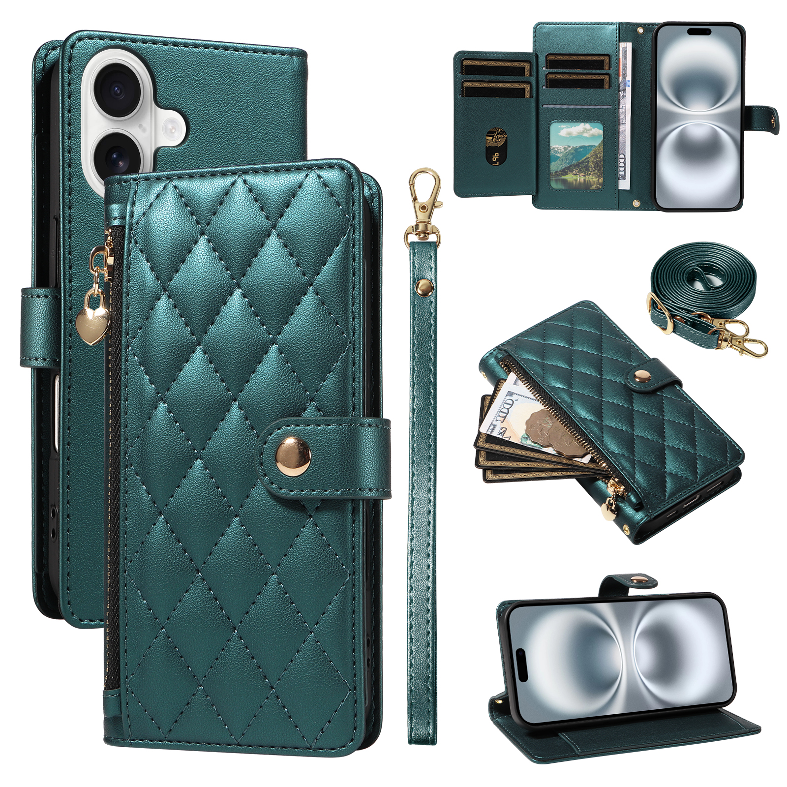 For iPhone 16 Wallet Case with Straps, Rhombus Leather Stand Phone Cover - Blackish Green