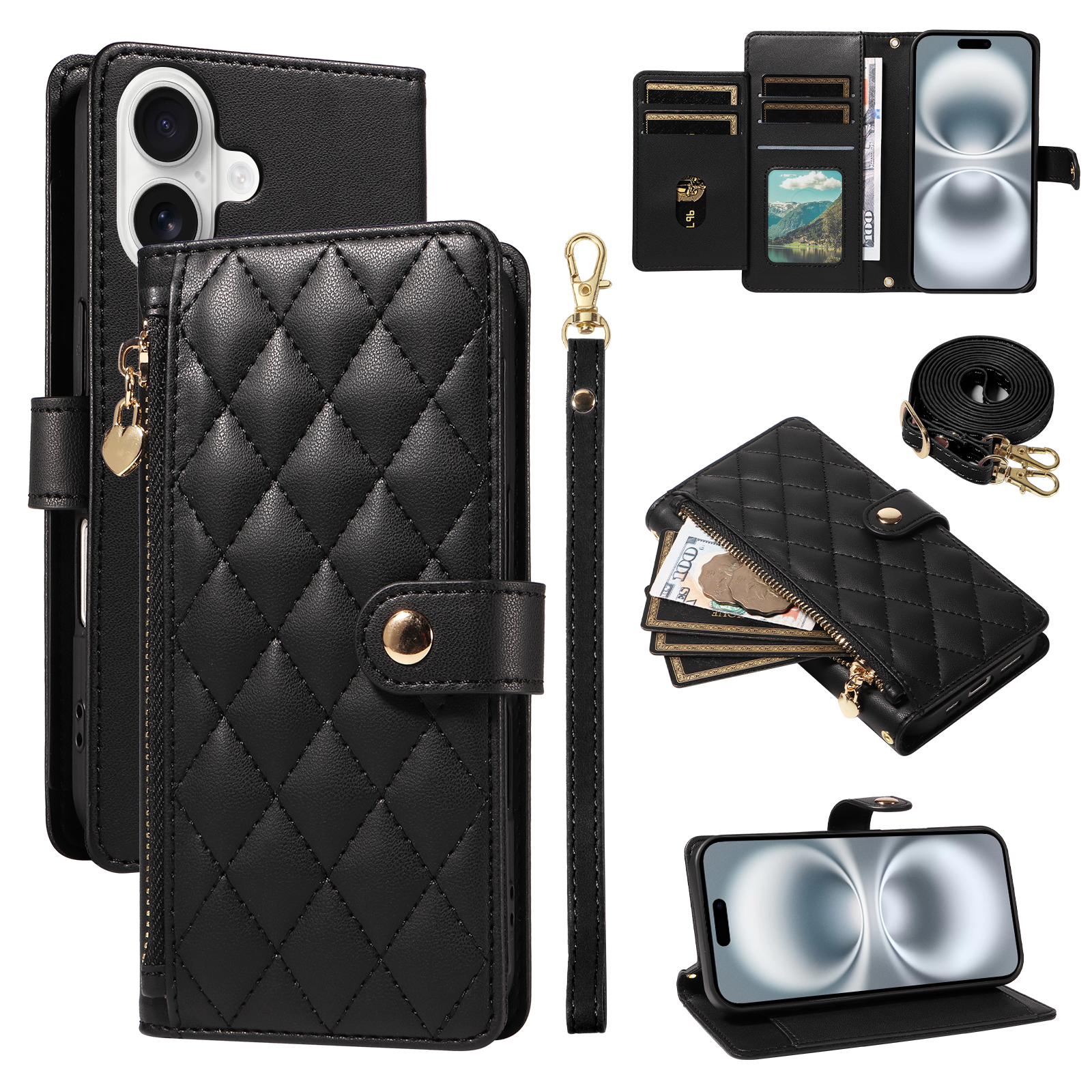 For iPhone 16 Wallet Case with Straps, Rhombus Leather Stand Phone Cover -   Black