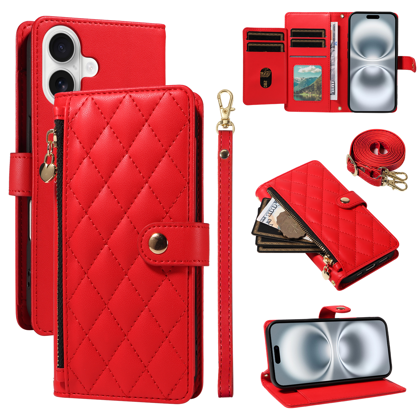 For iPhone 16 Wallet Case with Straps, Rhombus Leather Stand Phone Cover - Red