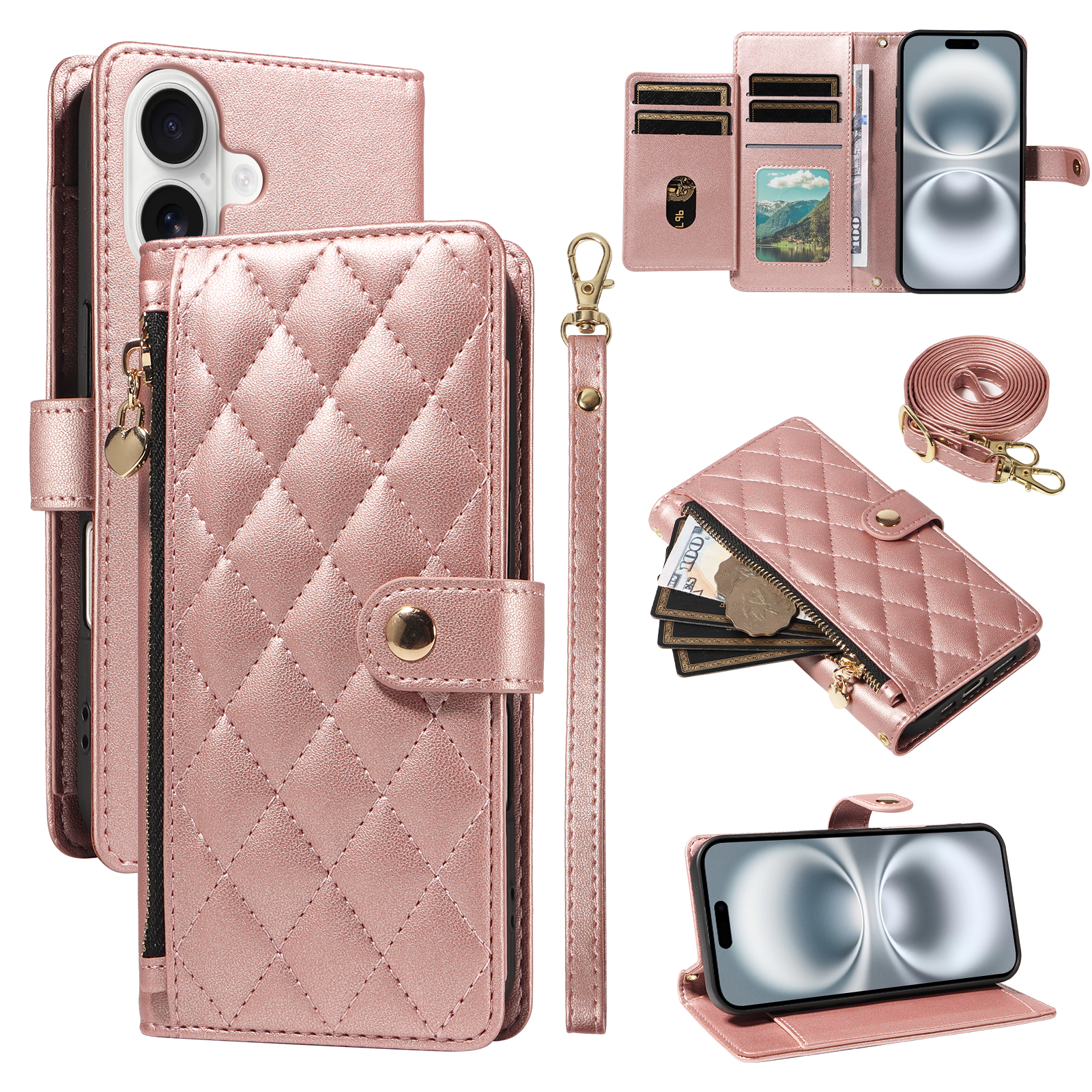 For iPhone 16 Wallet Case with Straps, Rhombus Leather Stand Phone Cover -  Rose Gold