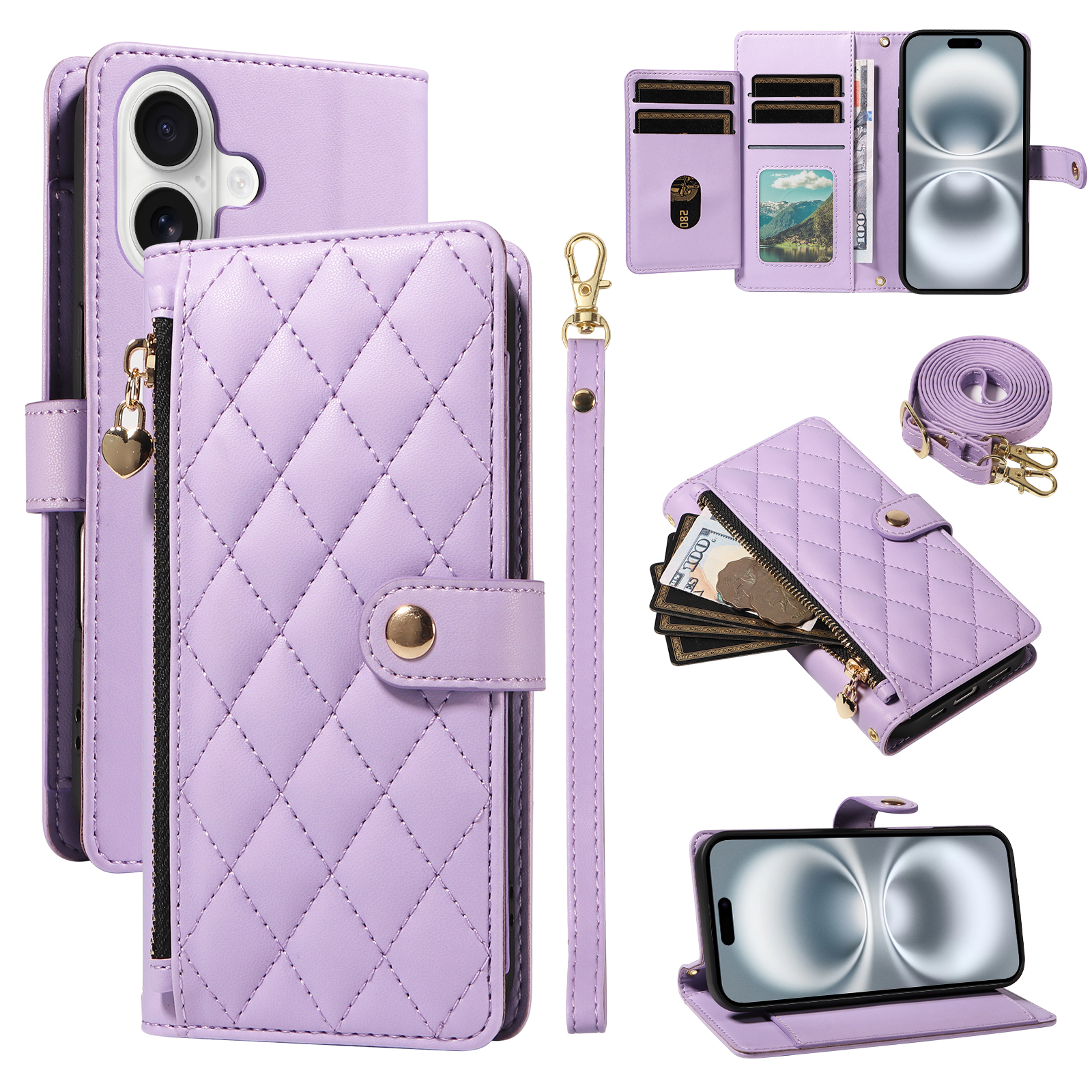 For iPhone 16 Wallet Case with Straps, Rhombus Leather Stand Phone Cover - Purple