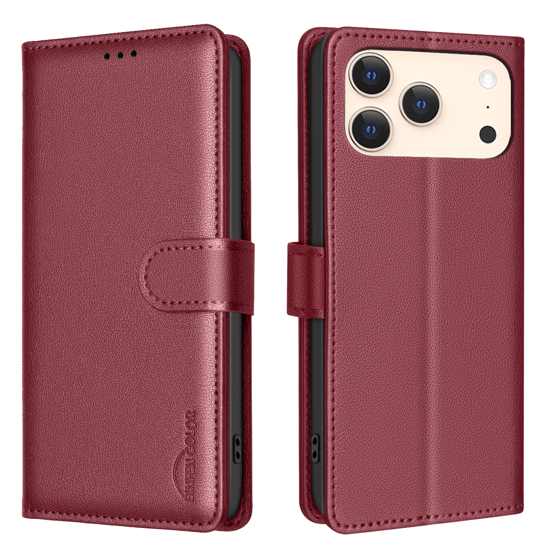 For iPhone 17 Pro Leather Case BINFEN COLOR BF32 Wallet RFID Blocking Phone Cover - Red