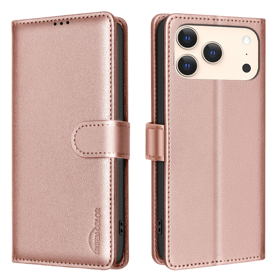 For iPhone 17 Pro Leather Case BINFEN COLOR BF32 Wallet RFID Blocking Phone Cover - Rose Gold