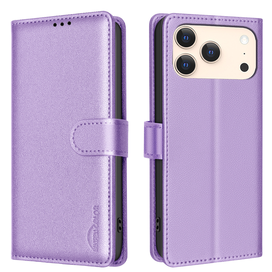 For iPhone 17 Pro Leather Case BINFEN COLOR BF32 Wallet RFID Blocking Phone Cover - Purple