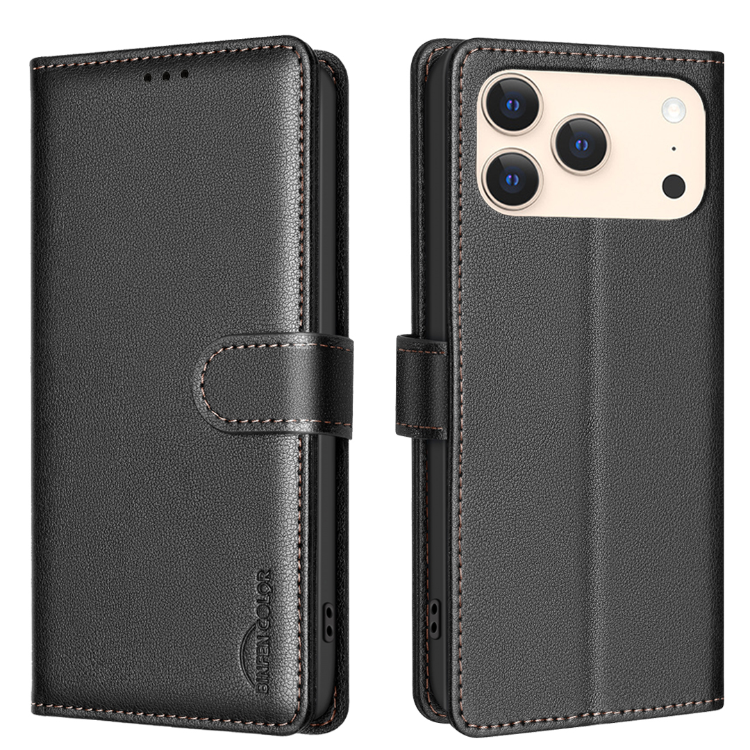 For iPhone 17 Pro Max Leather Case BINFEN COLOR BF32 Wallet RFID Blocking Phone Cover - Black