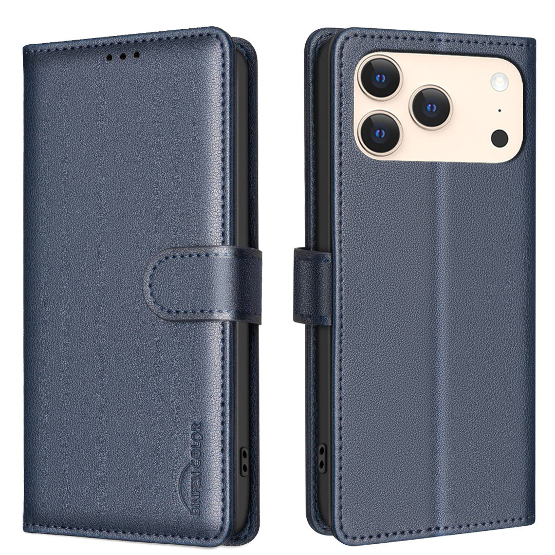 For iPhone 17 Pro Max Leather Case BINFEN COLOR BF32 Wallet RFID Blocking Phone Cover - Blue