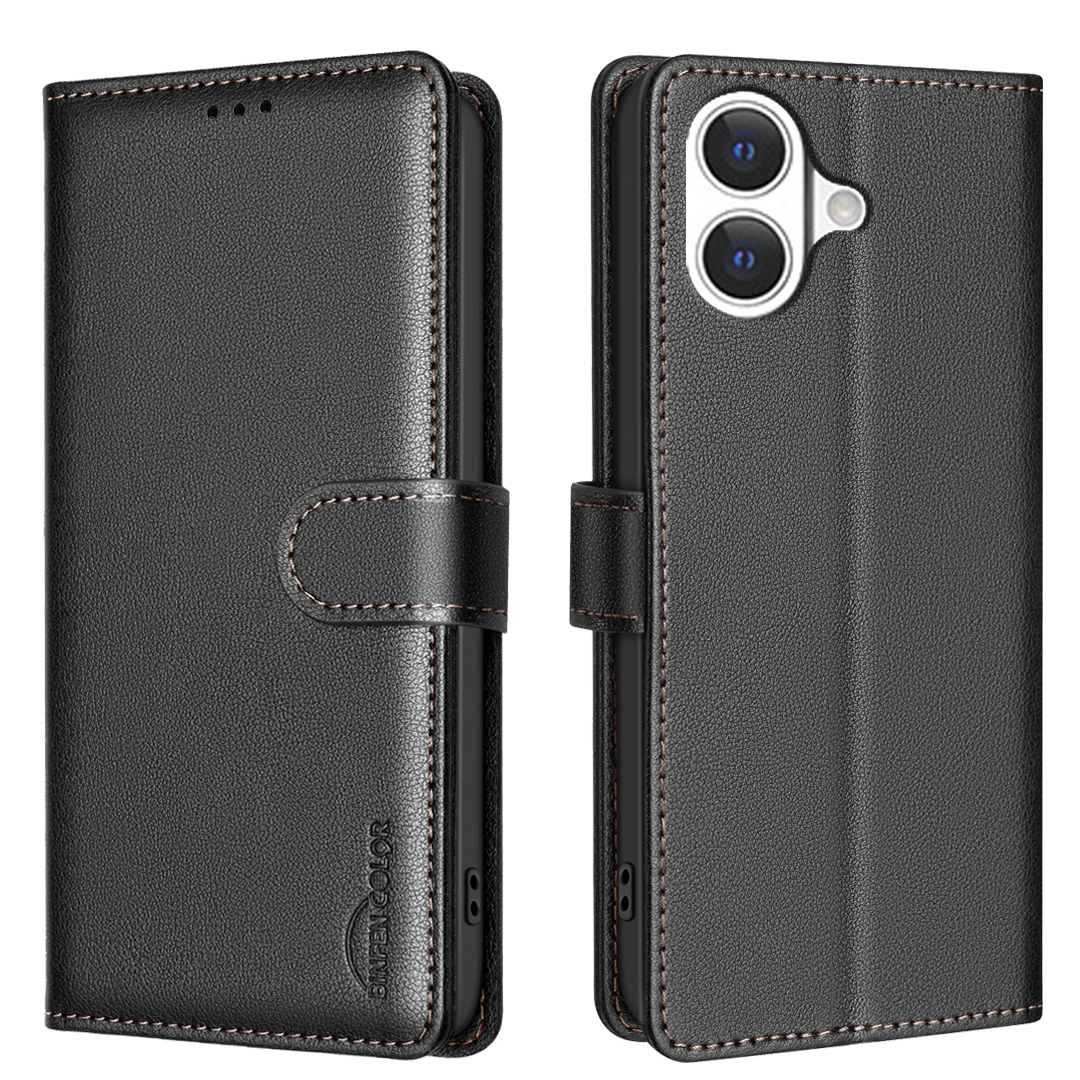 For iPhone 17 Leather Case BINFEN COLOR BF32 Wallet RFID Blocking Phone Cover - Black